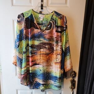 J Valdi Watercolor Print Sheer Kimono Tunic Beach Cover Up Size M